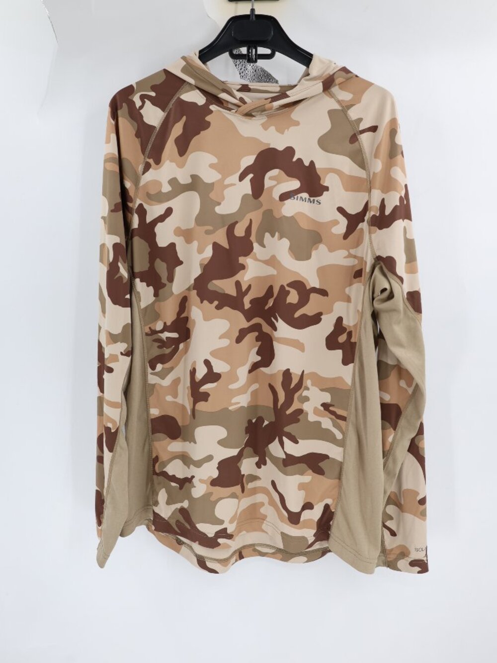 Simms Sun Shirt Mens Large SolarFlex UPF 50 Camo Performance Fishing Hooded hike